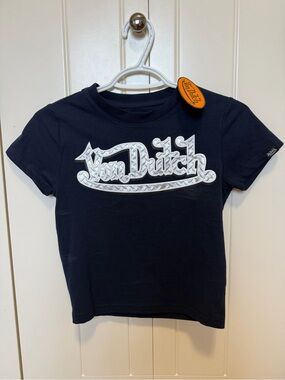 Von Dutch Navy Short Sleeve Logo Tee with textured name Y2K style